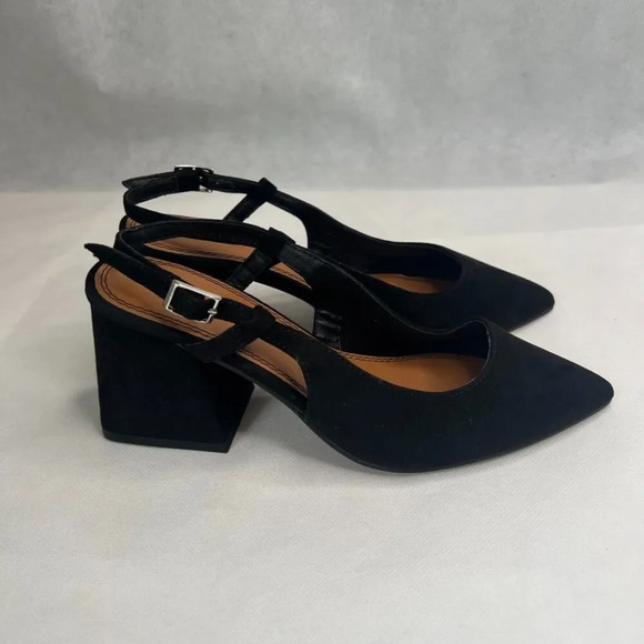 ASOS Design Black Velvet "Sydney" Slingback Pointed Toe Chunky Heel Sz 7 - Picture 2 of 9